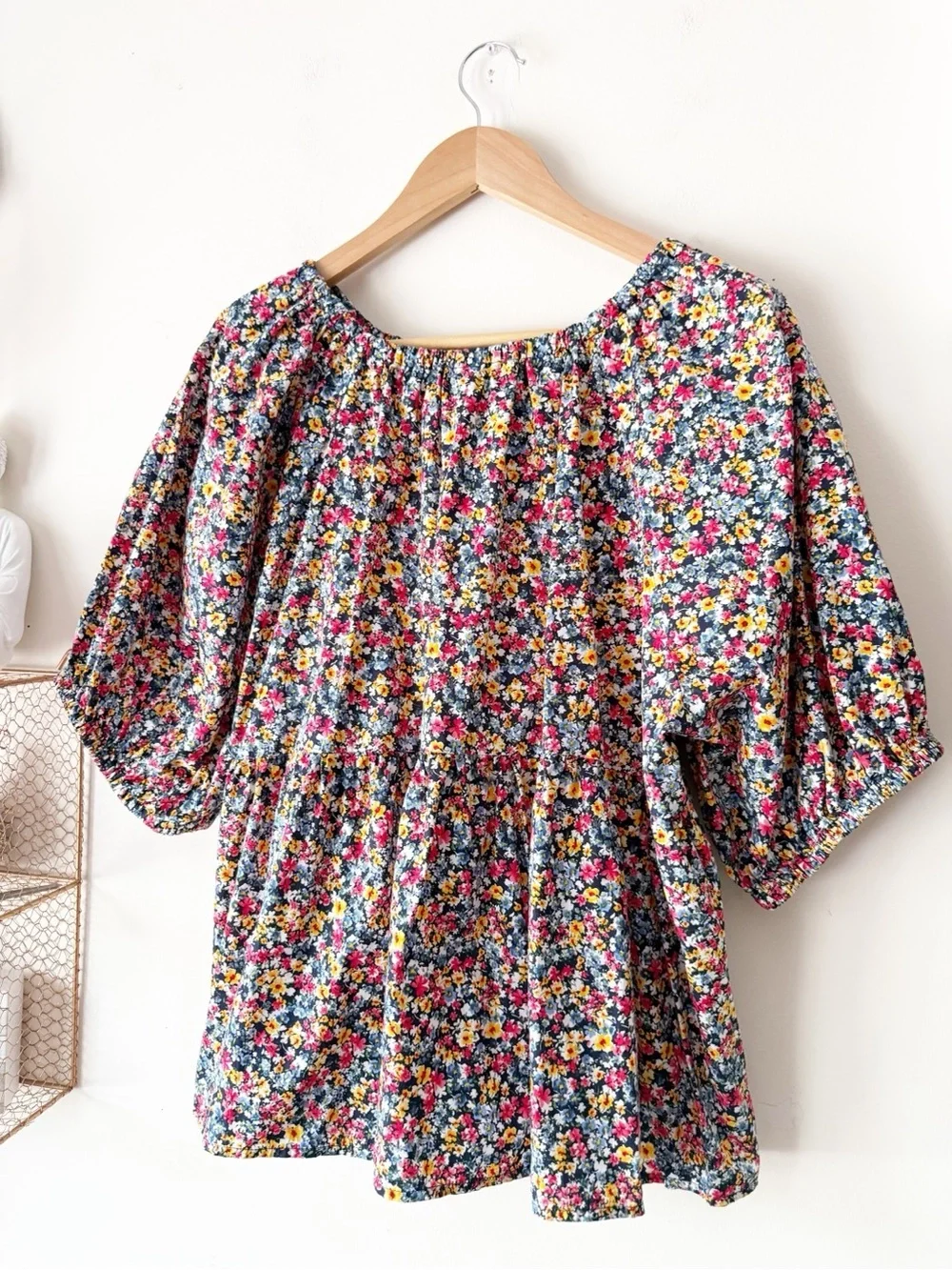 Old Navy Floral Print Puff Sleeve Babydoll Top Blue Multicolor 100% Cotton XL